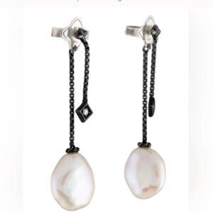 David Yurman Pearl & Diamond Solari Black Chain Drop Earrings EUC